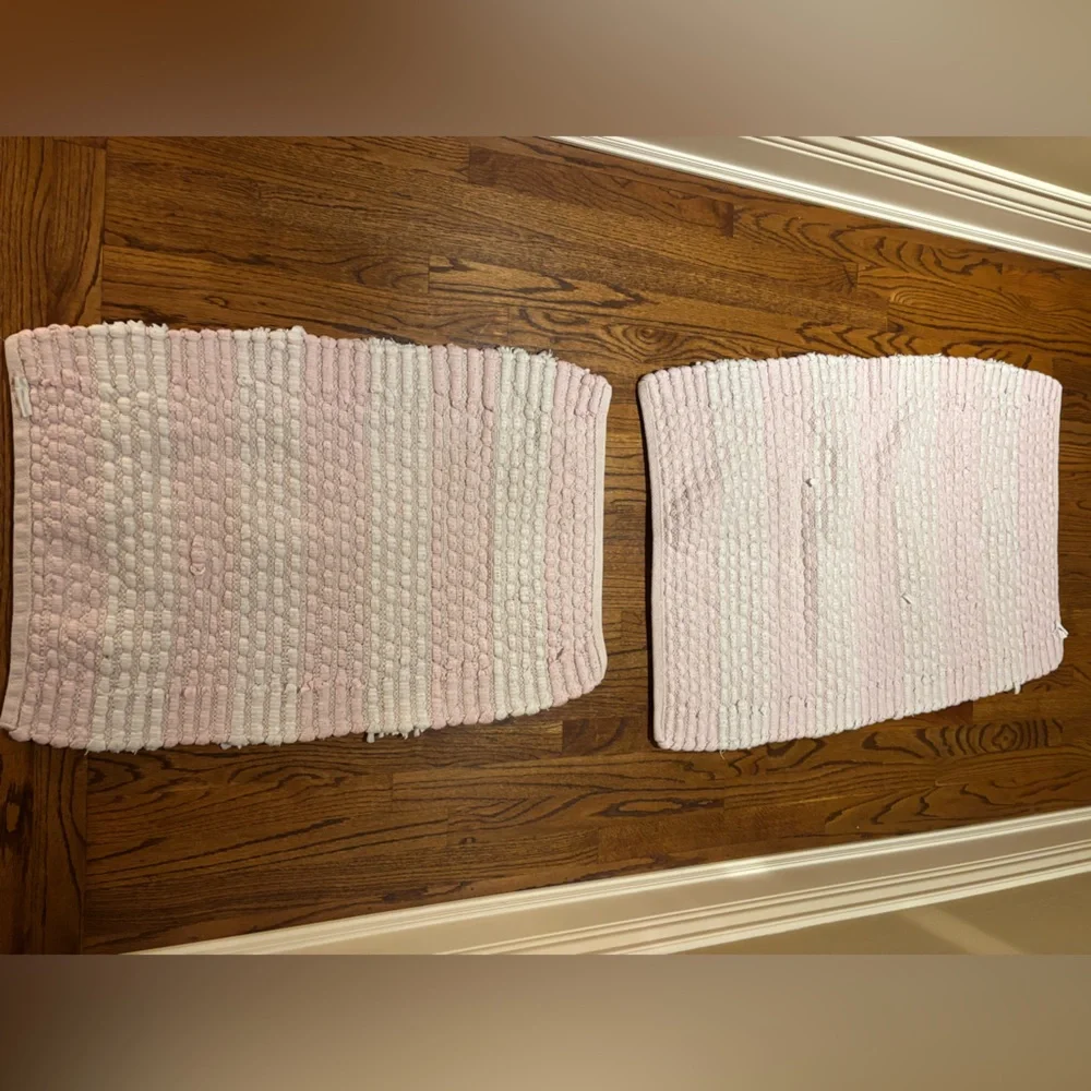 Pink and White Striped Bath Mats